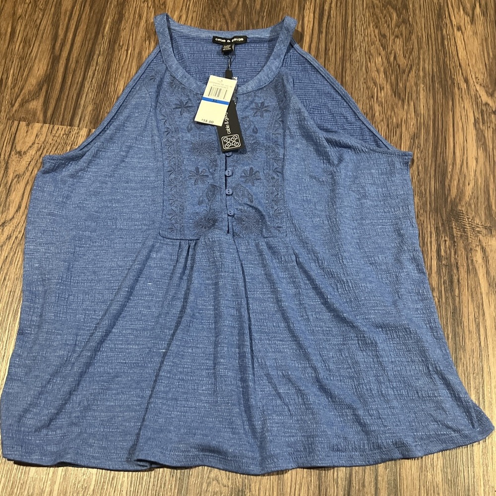 NWT Cable & Gauge Blue Sleeveless Top Blouse Floral Embroidery Flare Size XL - Picture 2 of 7